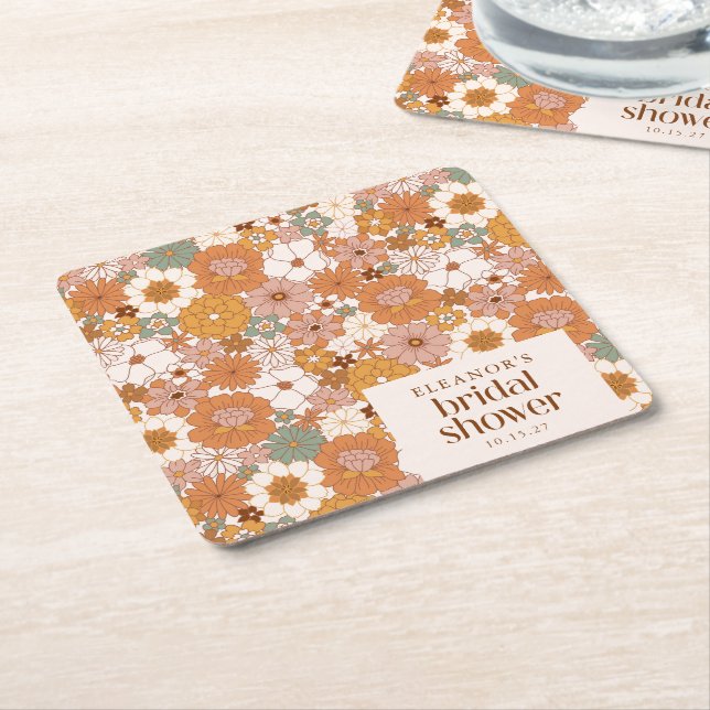 Custom Retro Terracotta Boho Floral Bridal Shower Square Paper Coaster (Angled)