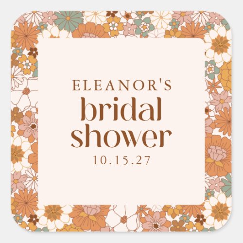 Custom Retro Terracotta Boho Floral Bridal Shower Square Sticker
