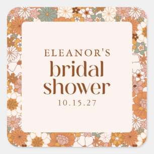 Custom Retro Terracotta Boho Floral Bridal Shower Square Sticker