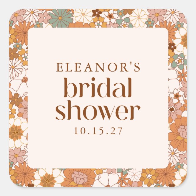 Custom Retro Terracotta Boho Floral Bridal Shower Square Sticker (Front)