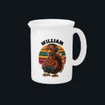 Custom Retro Thanksgiving Turkey Gamer Beverage Pitcher<br><div class="desc">🎨 Vibrant cartoon turkey wearing a headset mic 🎧,  clutching a gamepad 🎮,  set against a retro striped sunset 🌅. Bright orange and browns with bold outlines. Great for gamers! 🌟
✨ Personalizable! You can add your name or the name of someone else to make it truly unique! 💖</div>