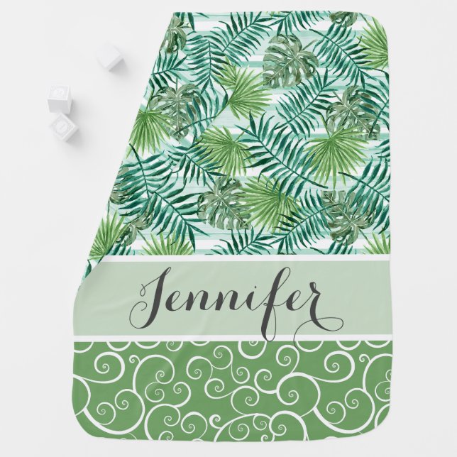 Custom Retro Tropical Green Palm Leafs Pattern Baby Blanket (In Situ)