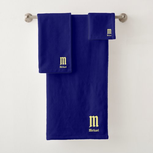 Custom Retro Vintage Gold Name Monogram Navy Blue Bath Towel Set