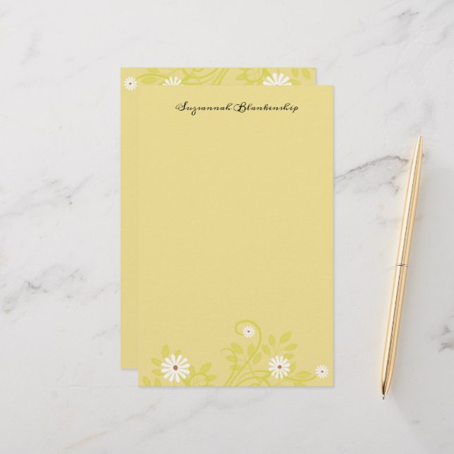 Custom Retro White Daisy Borders Stationery (Front/Back In Situ)