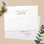 Custom Return Address Gold Script 5 x 7 Wedding Envelope<br><div class="desc">These white pre-addressed 5 x 7 wedding invitation envelopes are easy to customize with your details. We've placed your return address on the flap in a standard black with your names in an elegant gold tone sometimes called California Gold(color #A98F64), but you can easily change the text color to suit...</div>