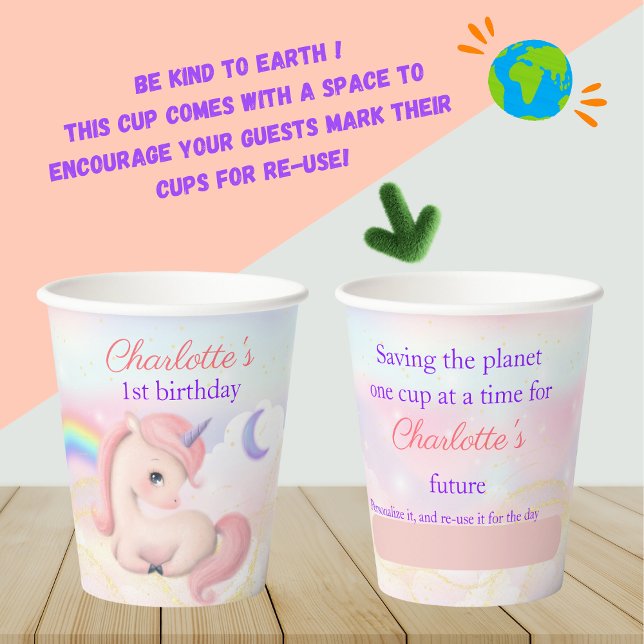 Custom Reusable Sustainable Pink Unicorn Rainbow Paper Cups (Creator Uploaded)