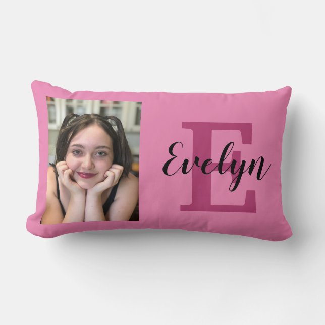 Custom Reversible Pink Photo & Name Throw Pillow (Front)
