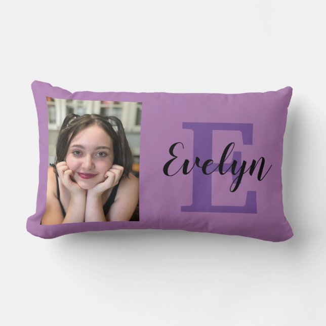 Custom Reversible Purple Photo & Name Throw Pillow (Front)
