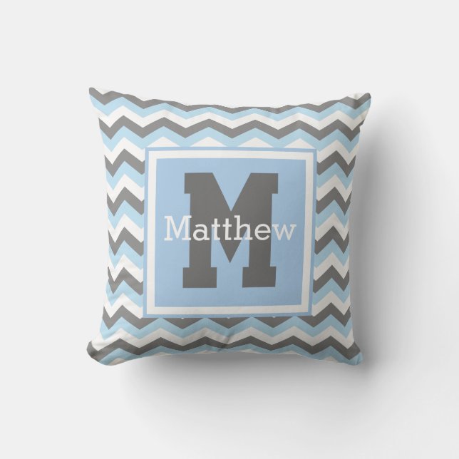 Custom Rey Baby Blue White Chevron Monogram Name Throw Pillow (Front)