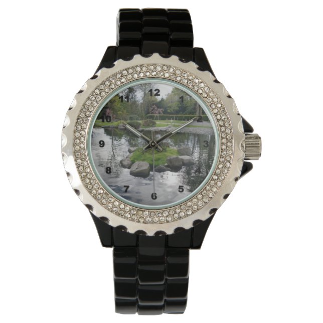 Custom Rhinestone Black Enamel women's watch (Front)