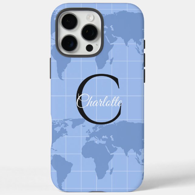Custom Riviera Blue World Map Monogram Name Case-Mate iPhone Case (Back)