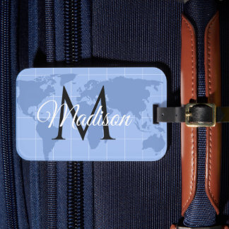 Custom Riviera Blue World Map Monogram Name Luggage Tag
