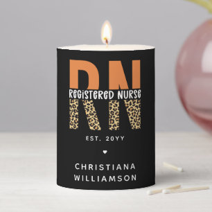Custom RN Registered Nurse Leopard Typography Pillar Candle