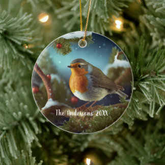 Custom robin over a snow-covered tree ceramic ornament