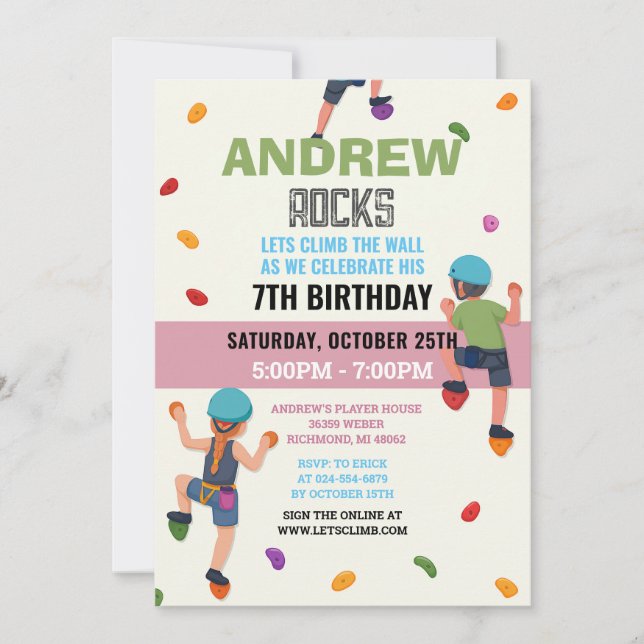 Custom Rock Climbing Birthday Party Invitation (Front)