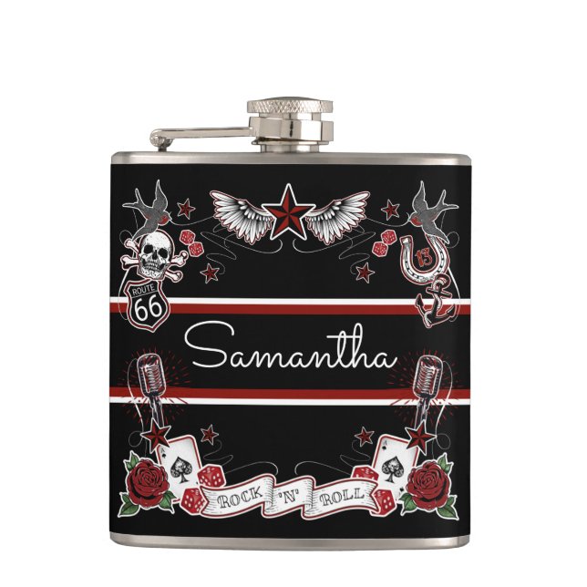 Custom Rockabilly Rock & Roll Microphone Tattoo Hi Flask (Front)