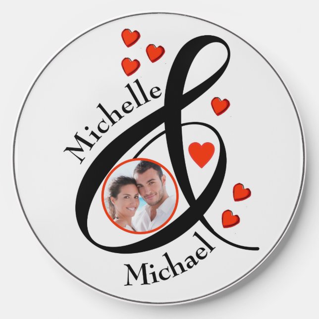 Custom Romantic Photo First Names Hearts Wireless Charger (Front)
