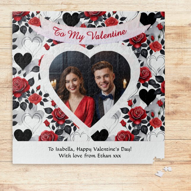 Custom Romantic Roses and Hearts Valentine's Day Holiday Card (A romantic jigsaw puzzle for Valentine's Day, with red roses, hearts and custom photo and message)
