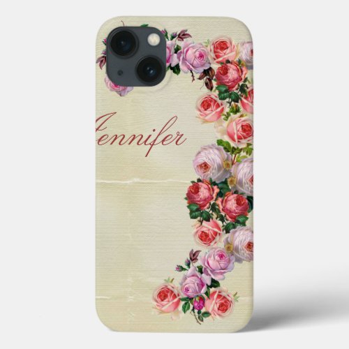Custom Romantic Vintage Roses  Name iPhone 13 Case