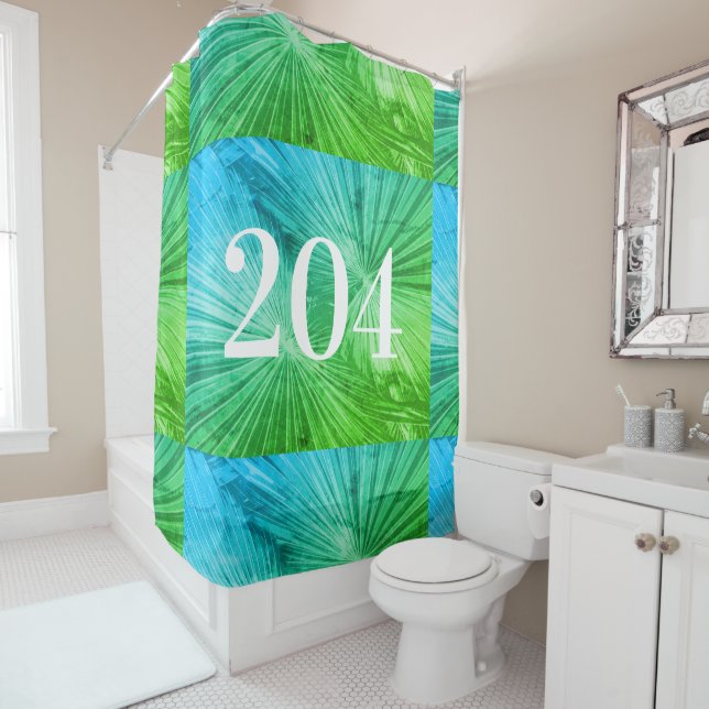 Custom room number tropical palm leaf photo shower curtain (In Situ)