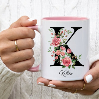 Custom Rose Birth Flower Gif Monogram Initial Name Mug