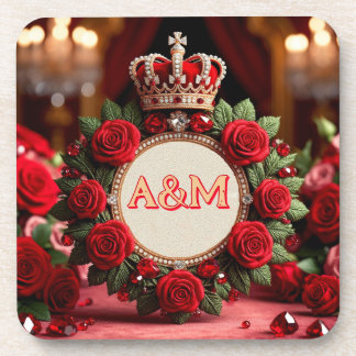 👑 Custom Rose Crown Monogram Name Gift for Her 🌹 Beverage Coaster