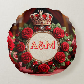 👑 Custom Rose Crown Monogram Name Gift for Her 🌹 Round Pillow