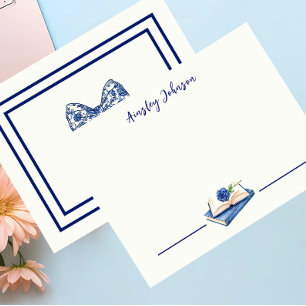 Custom Rose Embellished Book Illustration Flat Note Card