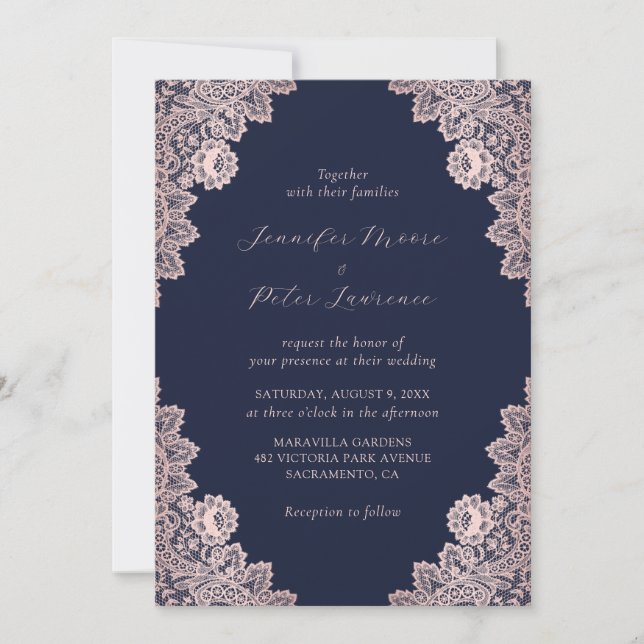 Custom Rose Gold and Navy Blue Wedding Invitation (Front)