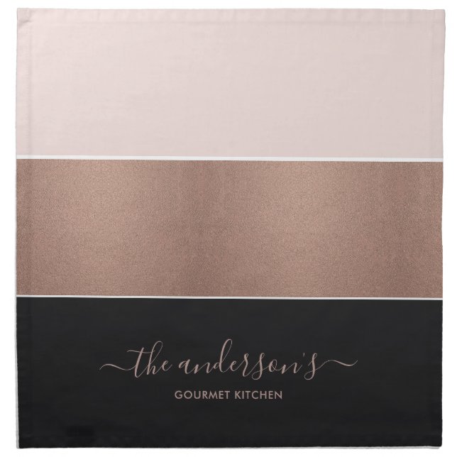 CUSTOM ROSE GOLD BLUSH PINK COPPER  BLACK STRIPS CLOTH NAPKIN (Front)