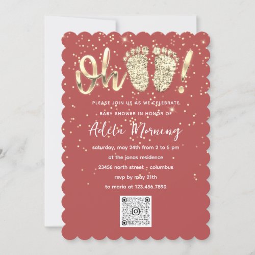 Custom Rose Gold Confetti Feet Baby Boy QR CODE  Invitation