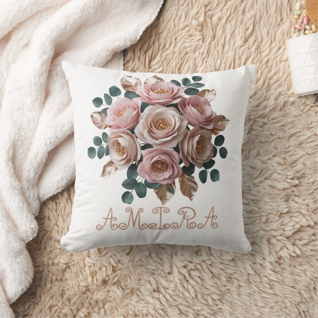 Custom Rose Gold Floral Monogram Heart Pillow (Blanket)