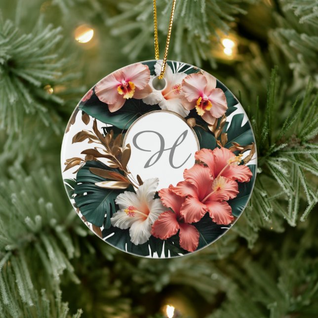 Custom Rose Gold Floral Monogram Round Keepsake Ceramic Ornament (Tree)
