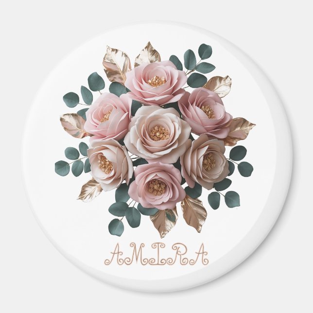 Custom Rose Gold Floral Monogram Round Magnet (Front)
