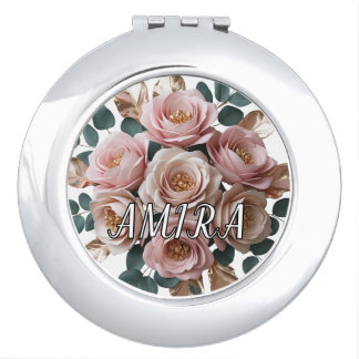 Custom Rose Gold Floral Monogram Round Mirror