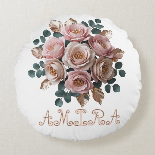 Custom Rose Gold Floral Monogram Round Pillow (Front)