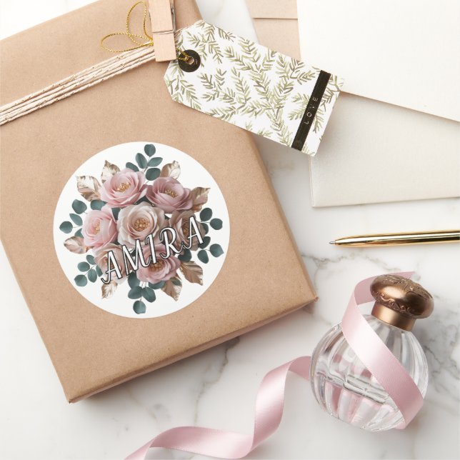 Custom Rose Gold Floral Monogram Round Sticker (Gifting)
