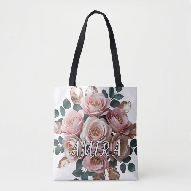 Custom Rose Gold Floral Monogram Shoulder Tote Bag (Front)