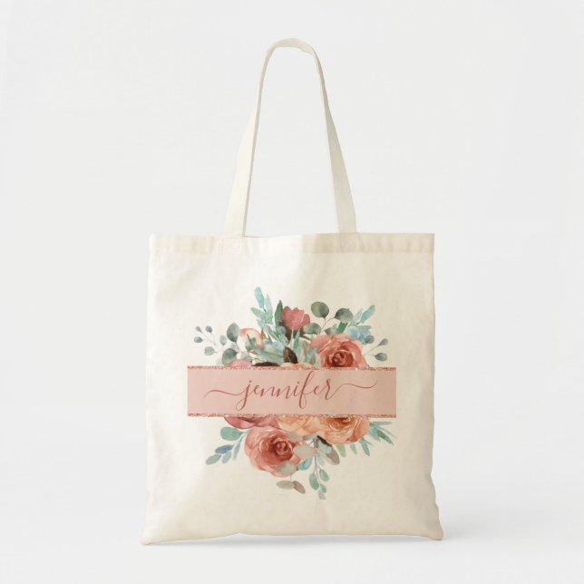 Custom Rose Gold Floral Tote Bag. Bridesmaid (Front)