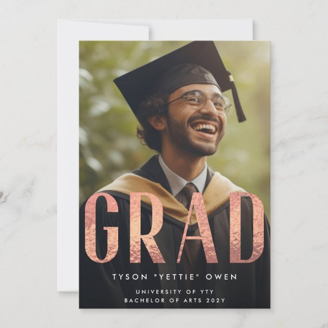 Custom Rose Gold Foil Nick Name GRAD Photo Announcement (Front)
