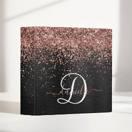 Custom Rose Gold Glitter Black Sparkle Monogram 3 Ring Binder