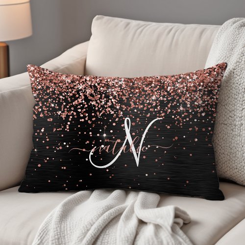 Custom Rose Gold Glitter Black Sparkle Monogram Accent Pillow