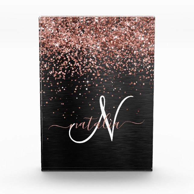 Custom Rose Gold Glitter Black Sparkle Monogram Acrylic Award (Front)