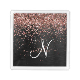 Custom Rose Gold Glitter Black Sparkle Monogram Acrylic Tray