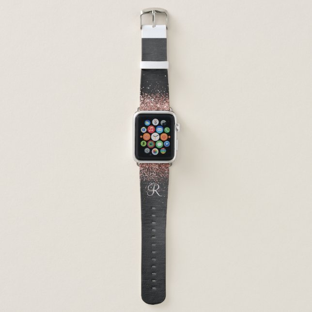 Custom Rose Gold Glitter Black Sparkle Monogram Apple Watch Band (Front)