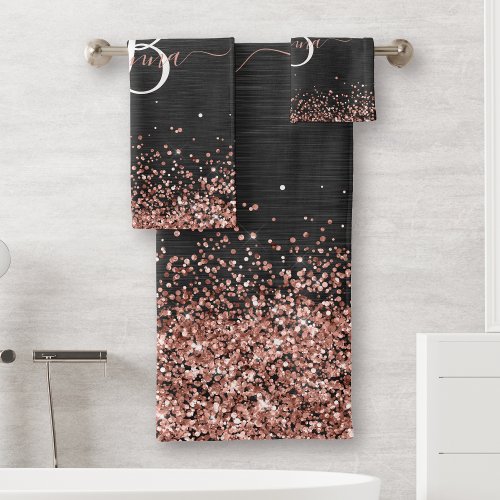 Custom Rose Gold Glitter Black Sparkle Monogram Bath Towel Set