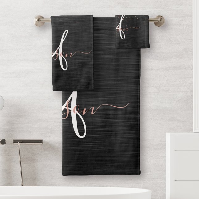 Custom Rose Gold Glitter Black Sparkle Monogram Bath Towel Set (Creator Uploaded)