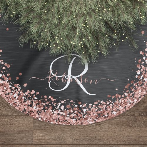 Custom Rose Gold Glitter Black Sparkle Monogram Brushed Polyester Tree Skirt