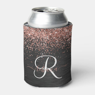 Custom Rose Gold Glitter Black Sparkle Monogram Can Cooler