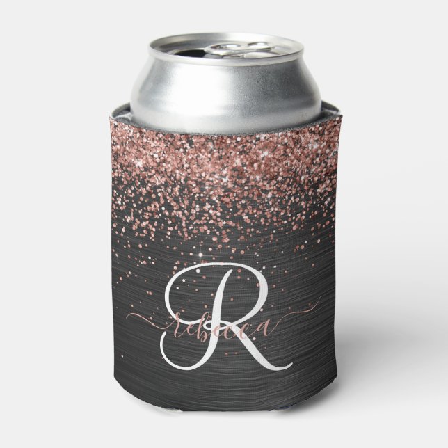 Custom Rose Gold Glitter Black Sparkle Monogram Can Cooler (Can Front)